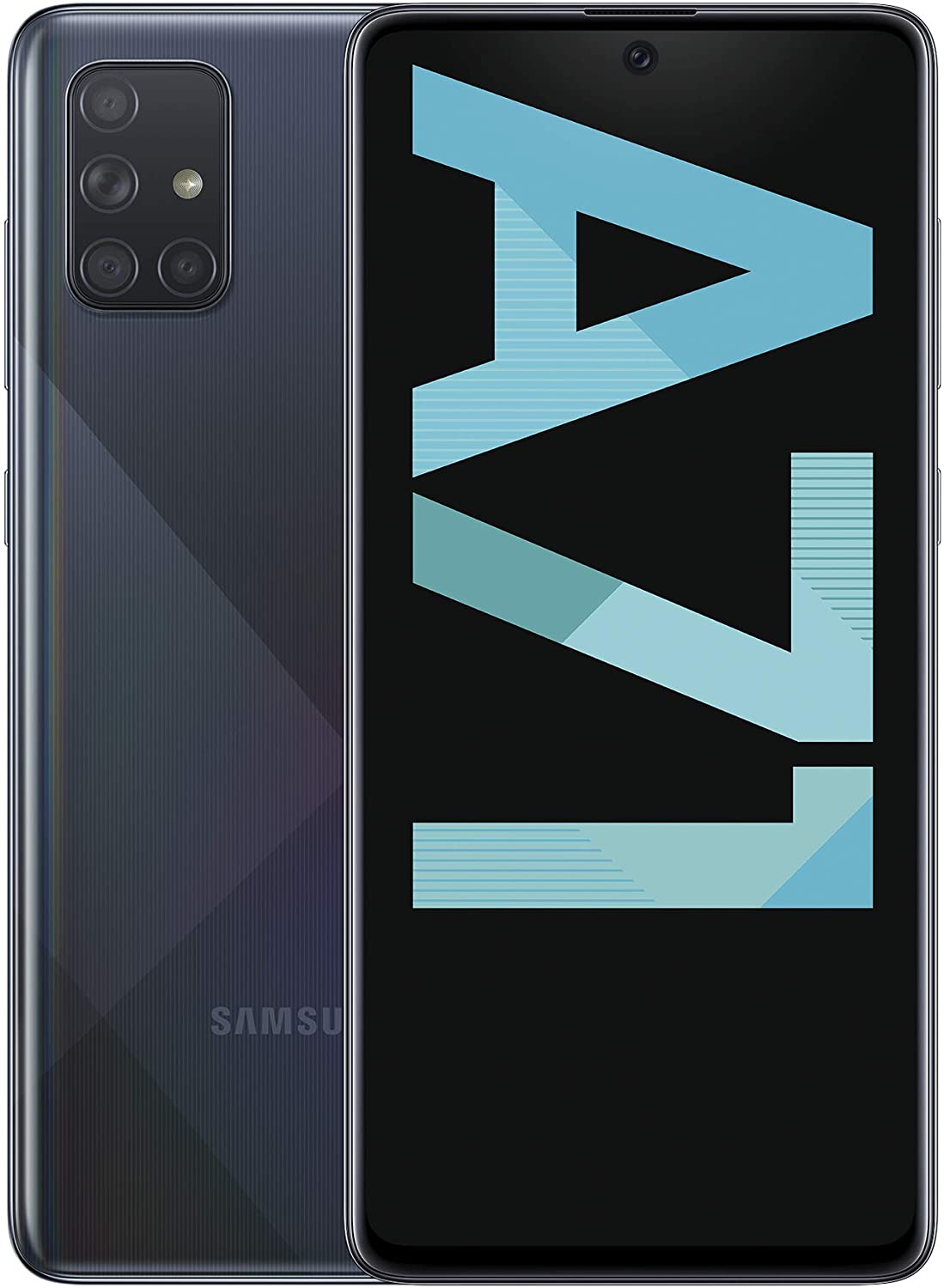 Samsung Galaxy A71 smartphone in black color showing the front screen display and rear camera setup.
